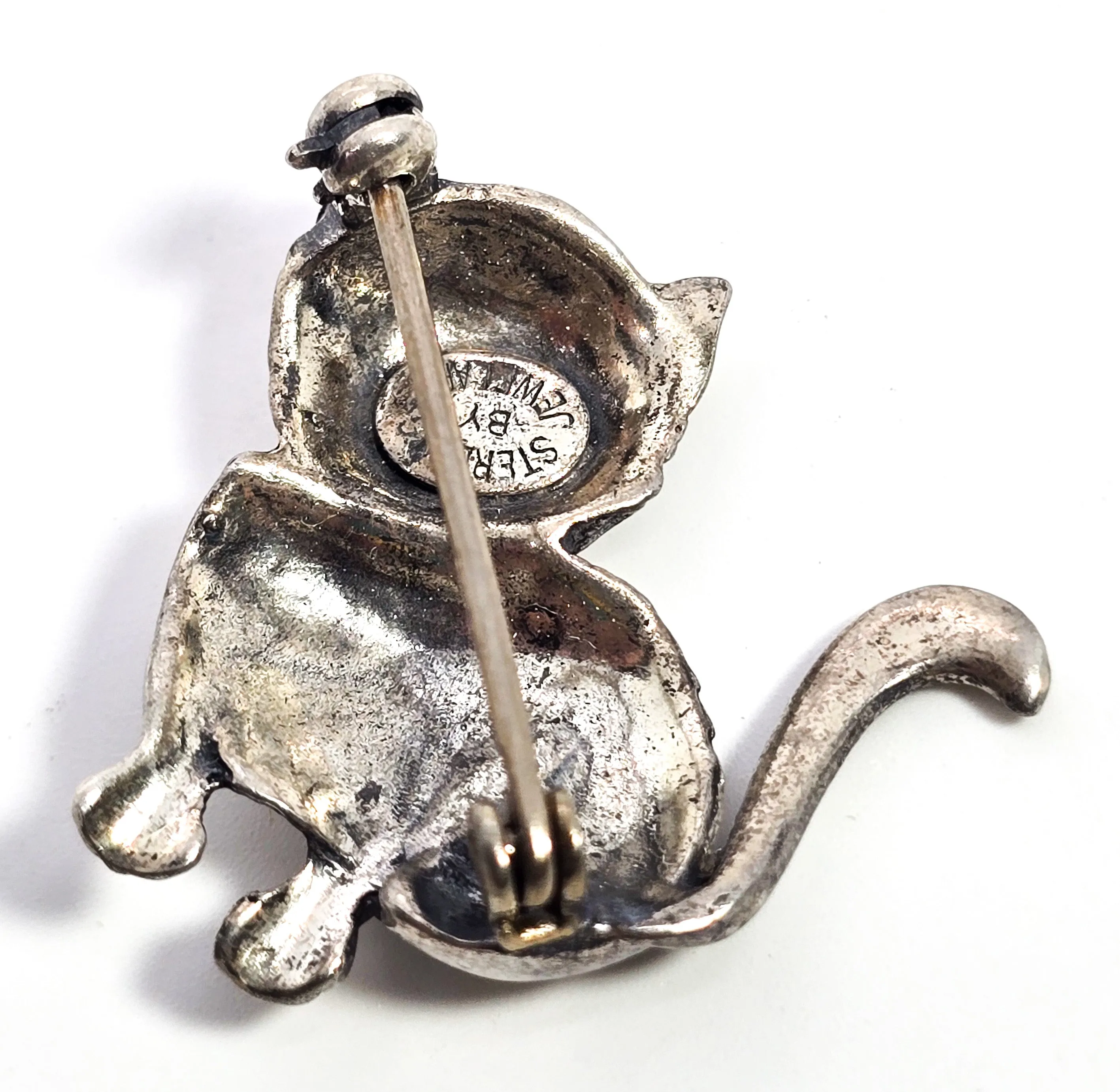 Jewel Art Kitty Cat sitting kitten vintage signed sterling silver feline brooch