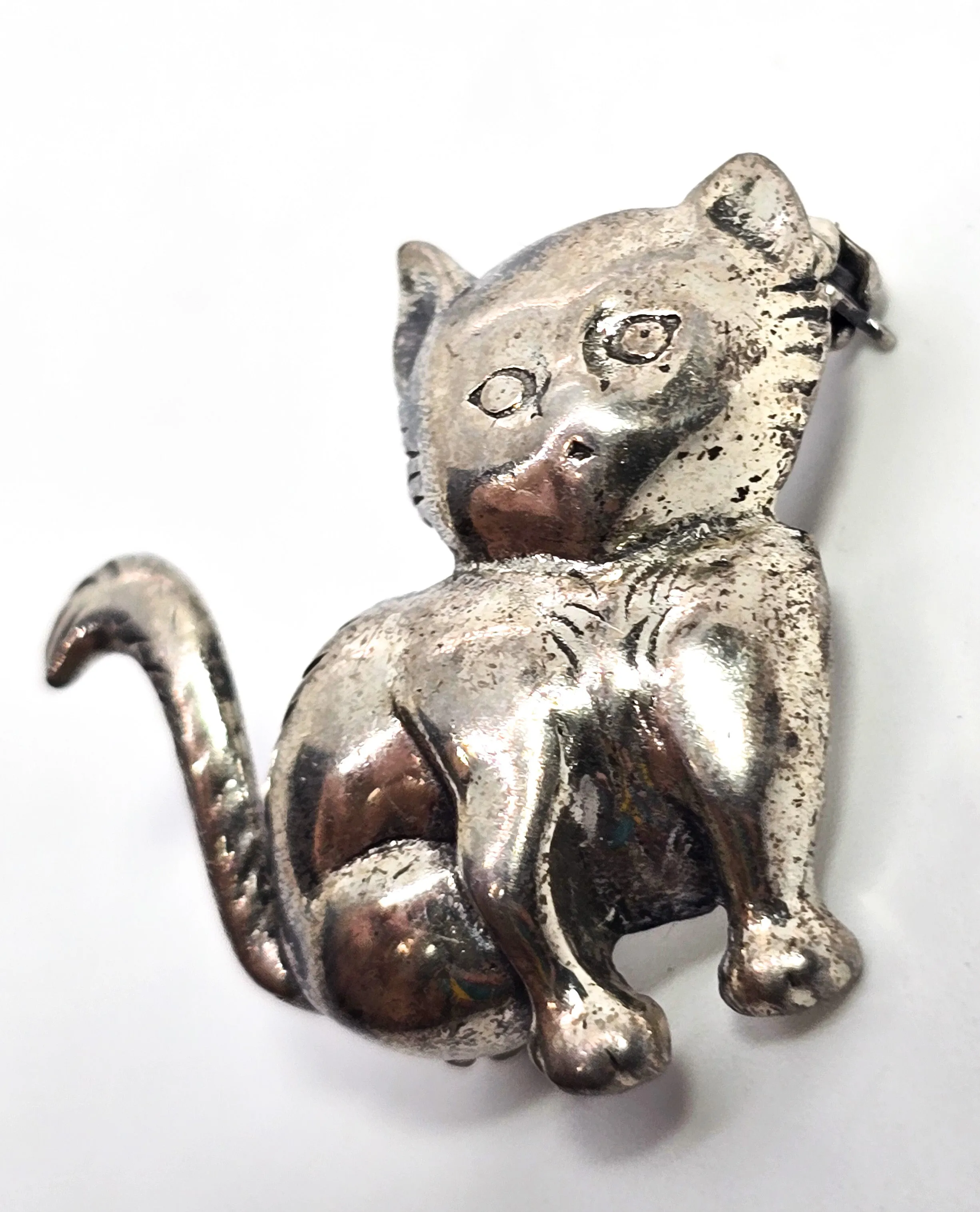 Jewel Art Kitty Cat sitting kitten vintage signed sterling silver feline brooch