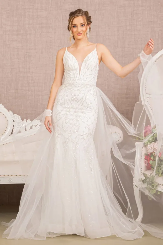 Jewel Bead Wedding Dress w/ Detachable Waist Long Mesh Layer