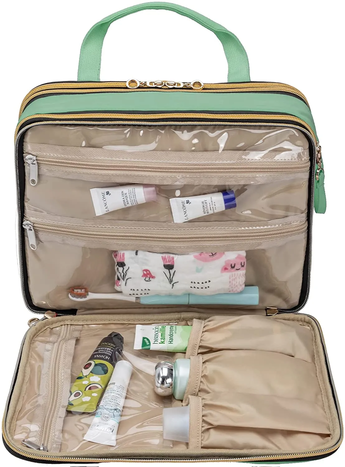 KABAQOO Travel Toiletry Bag, Portable Makeup Cosmetic Bag, Water-resistant Makeup Organizer for Full Sized Toiletries, Makeup Brushes, Travel Accessories, Green