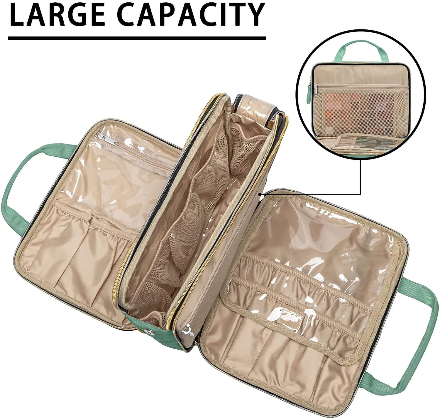 KABAQOO Travel Toiletry Bag, Portable Makeup Cosmetic Bag, Water-resistant Makeup Organizer for Full Sized Toiletries, Makeup Brushes, Travel Accessories, Green