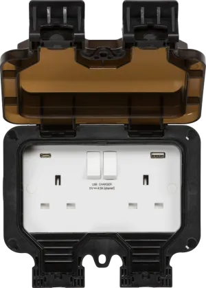 Knightsbridge OP94 Weatherproof IP66 13A 2G SP Switched Socket with Dual USB A C [5V DC4.0A shared]