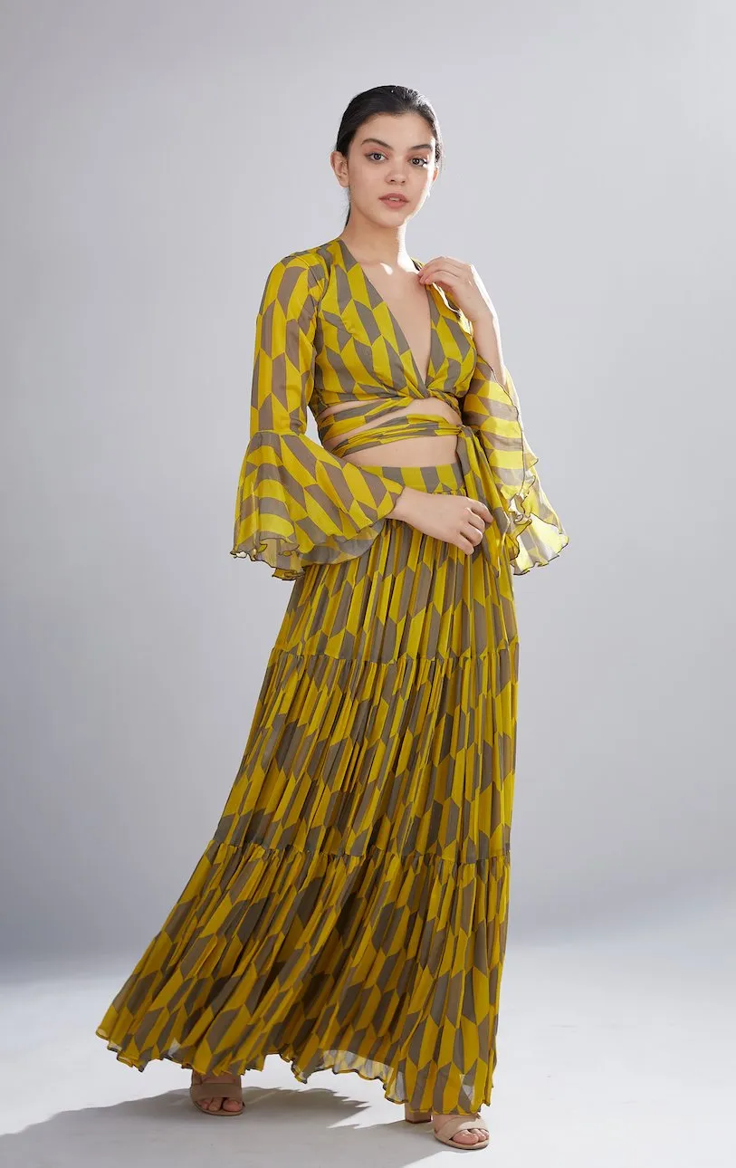 Koai   I   Mustard And Grey Geometric Tie Top