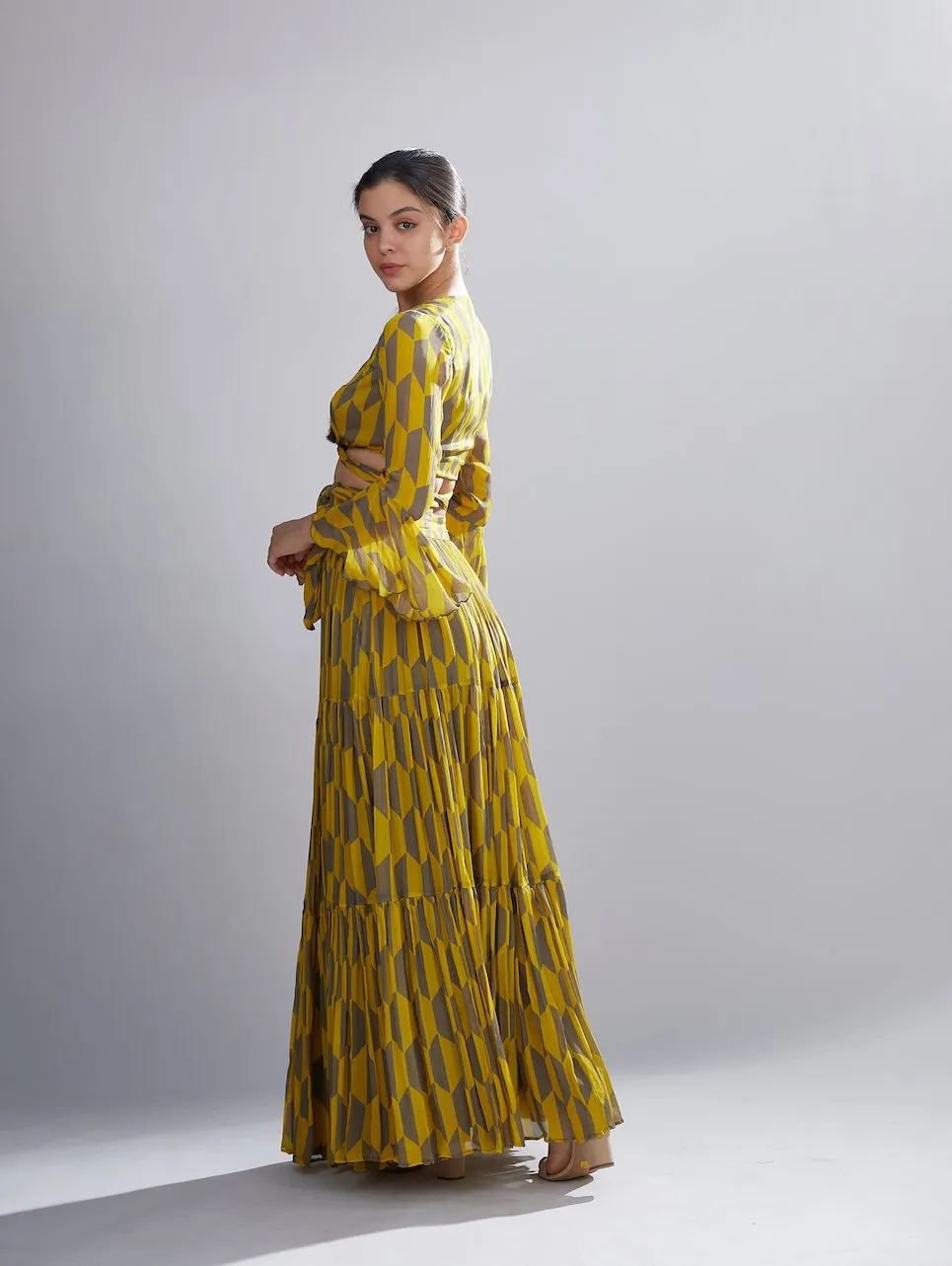 Koai   I   Mustard And Grey Geometric Tie Top