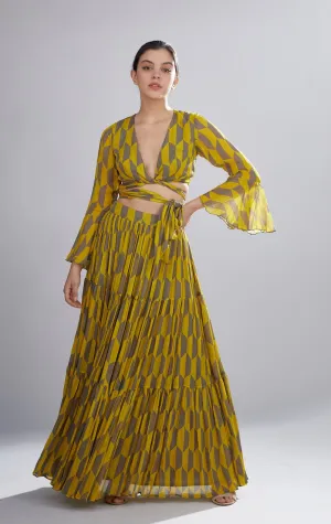 Koai   I   Mustard And Grey Geometric Tie Top