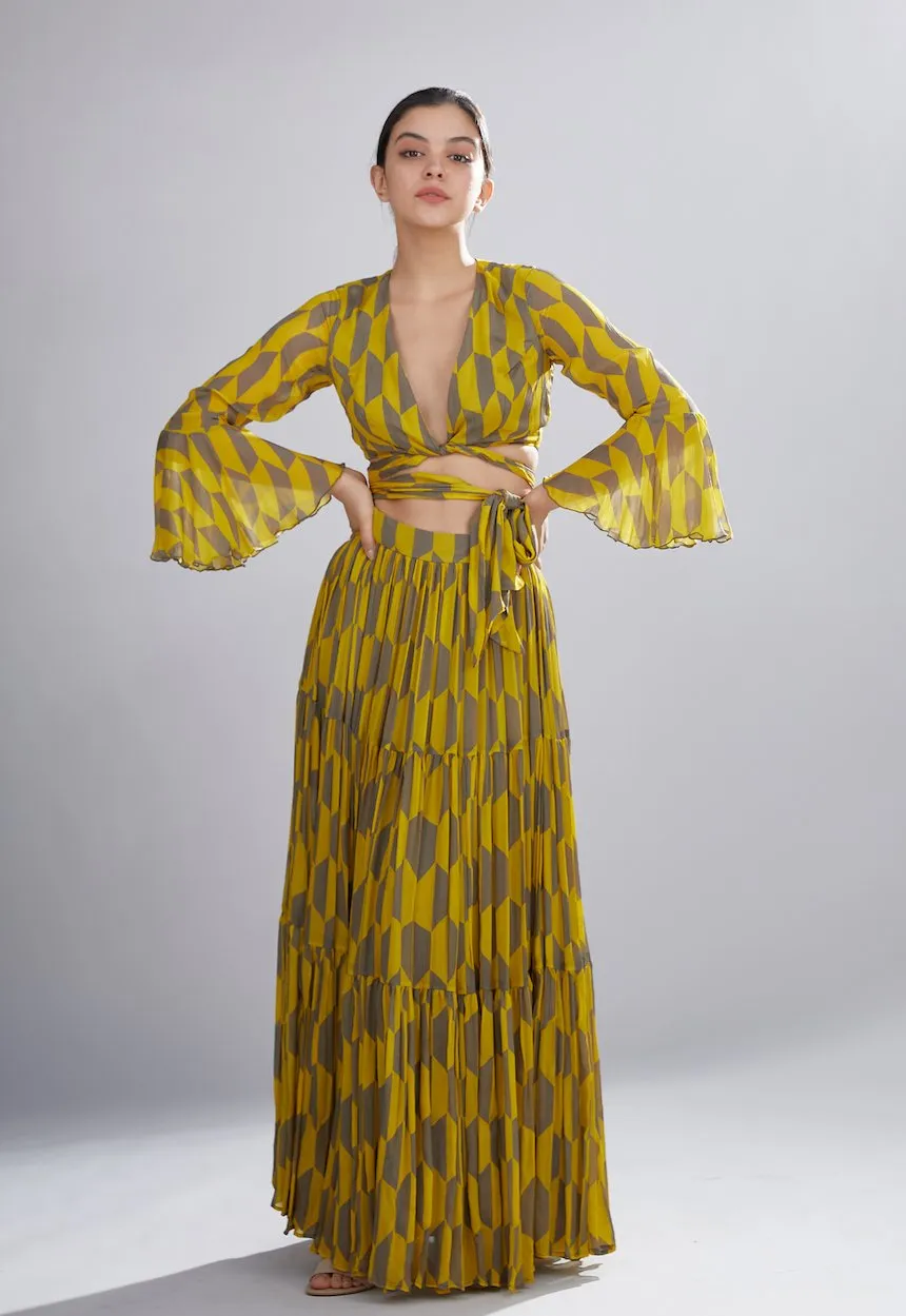 Koai   I   Mustard And Grey Geometric Tie Top