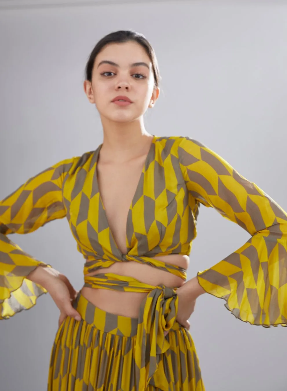 Koai   I   Mustard And Grey Geometric Tie Top