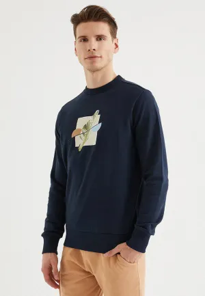 Lacivert Baskılı Bisiklet Yaka Pamuklu Regular Fit Erkek Sweatshirt GREEN MIND