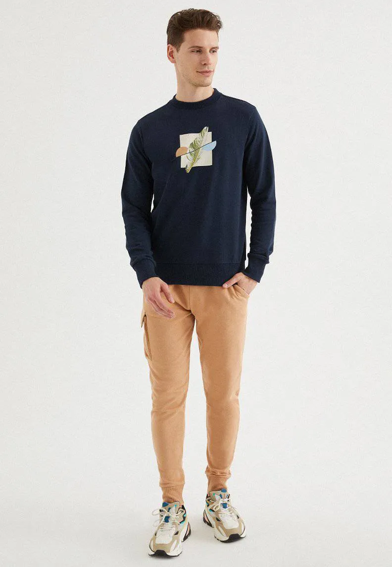 Lacivert Baskılı Bisiklet Yaka Pamuklu Regular Fit Erkek Sweatshirt GREEN MIND