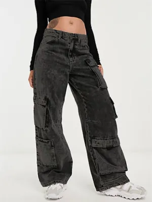 Ladies Dark Gray Multi-Pocket Denim Cargo Trouser