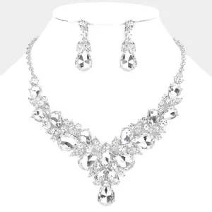 Leaf Cluster Clear Multi Stone Pageant Necklace  | Evening Necklace | 584408