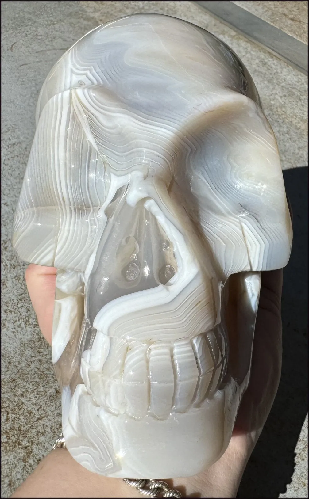 LifeSize Madagascar AGATE Crystal Skull with Fantastic Banding, Bi-Colored Dendritic inclusions