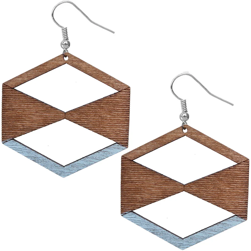 Light Blue Brown Geometric Wooden Earrings