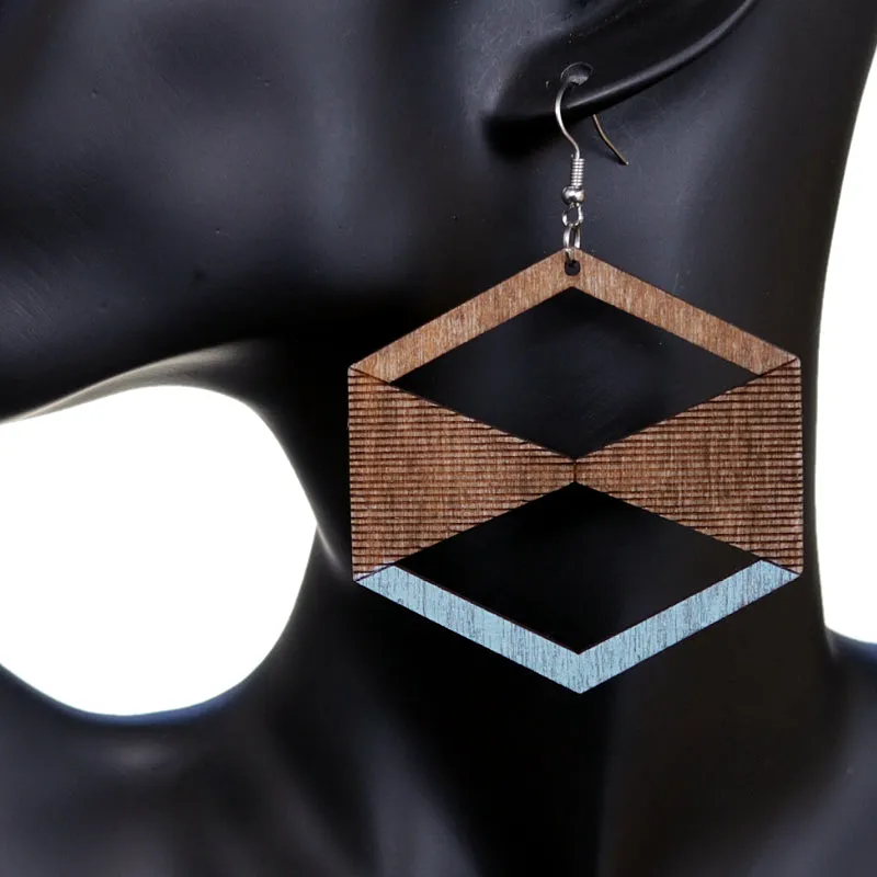 Light Blue Brown Geometric Wooden Earrings