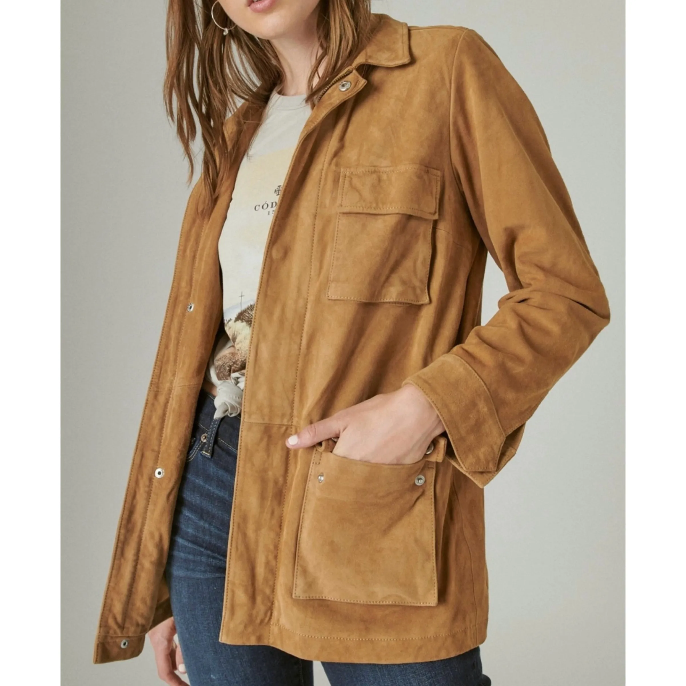 LUCKY BRAND Suede Utility Jacket Iced Coffee Size XXL