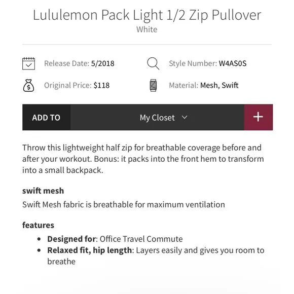 Lululemon Pack lite half zip pullover, White, Size 0-2 J171