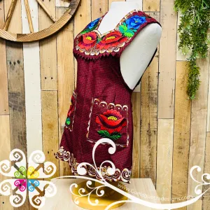 Maroon Big Flower Embroider Apron - Mandil Artesanal