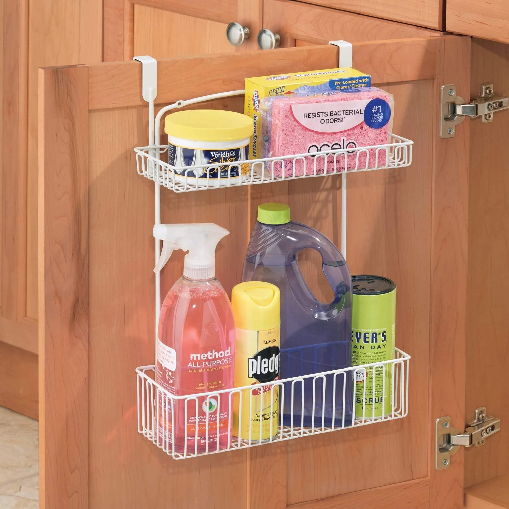 mDesign Metal Farmhouse Over Cabinet Kitchen Storage Organizer Holder or Basket - Hang Over Cabinet Doors in Kitchen/Pantry - Holds Dish Soap, Window Cleaner, Sponges - 2 Pack - Matte White