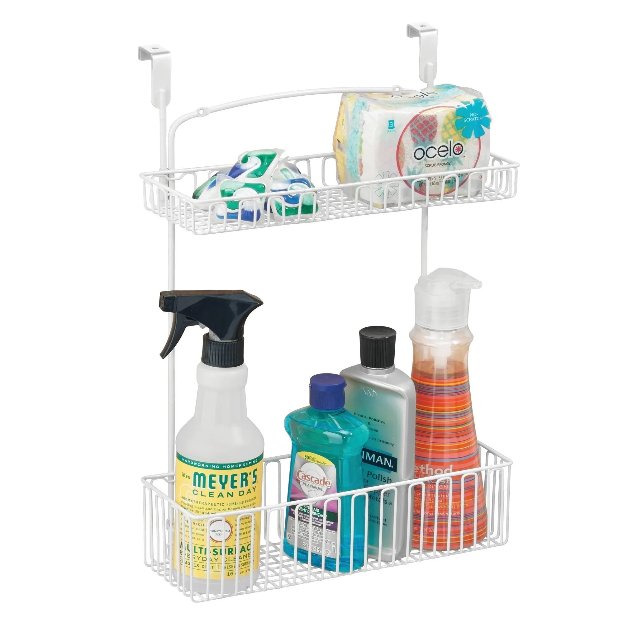 mDesign Metal Farmhouse Over Cabinet Kitchen Storage Organizer Holder or Basket - Hang Over Cabinet Doors in Kitchen/Pantry - Holds Dish Soap, Window Cleaner, Sponges - 2 Pack - Matte White