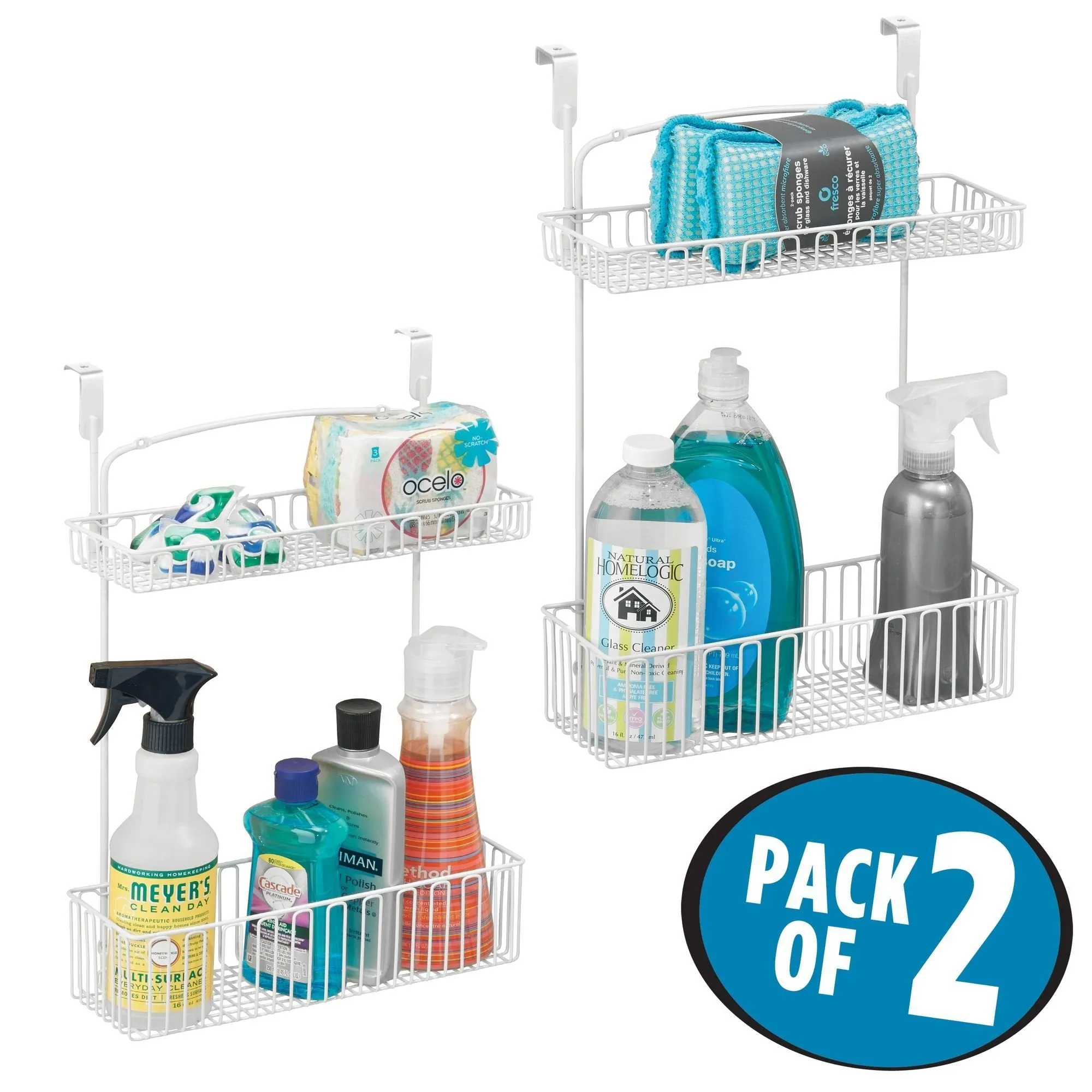 mDesign Metal Farmhouse Over Cabinet Kitchen Storage Organizer Holder or Basket - Hang Over Cabinet Doors in Kitchen/Pantry - Holds Dish Soap, Window Cleaner, Sponges - 2 Pack - Matte White