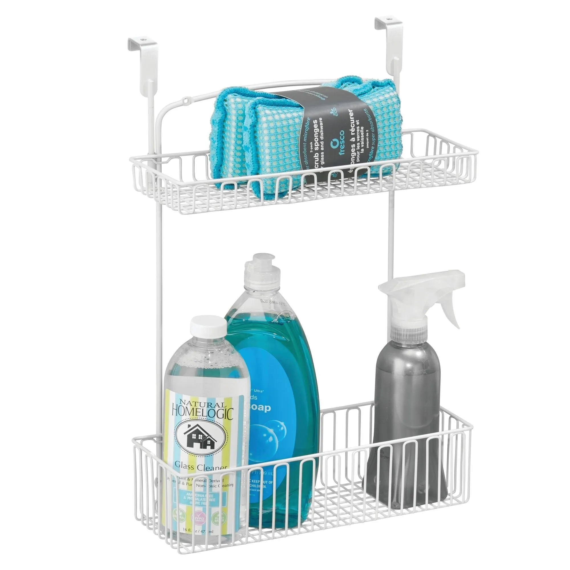 mDesign Metal Farmhouse Over Cabinet Kitchen Storage Organizer Holder or Basket - Hang Over Cabinet Doors in Kitchen/Pantry - Holds Dish Soap, Window Cleaner, Sponges - 2 Pack - Matte White