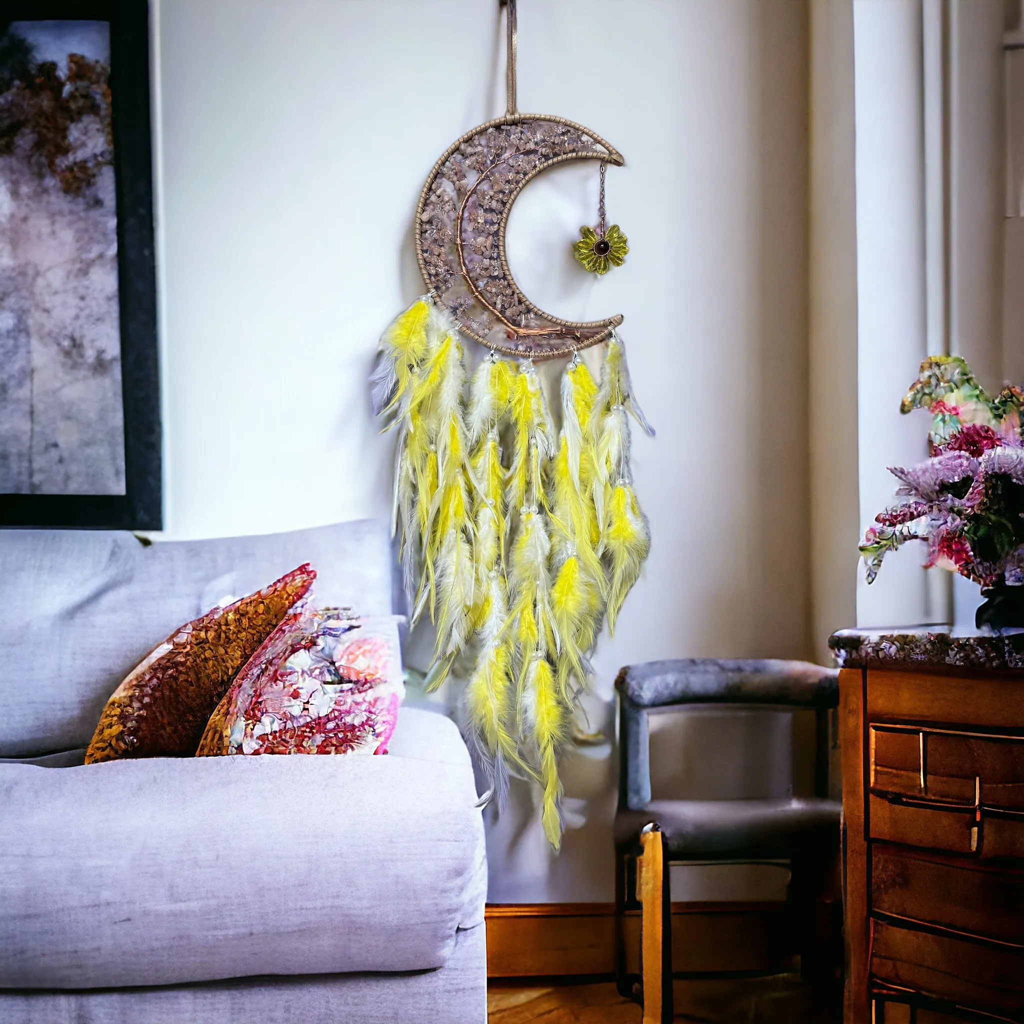 Moon Dreamcatcher - yellow feathers with Citrine Chips