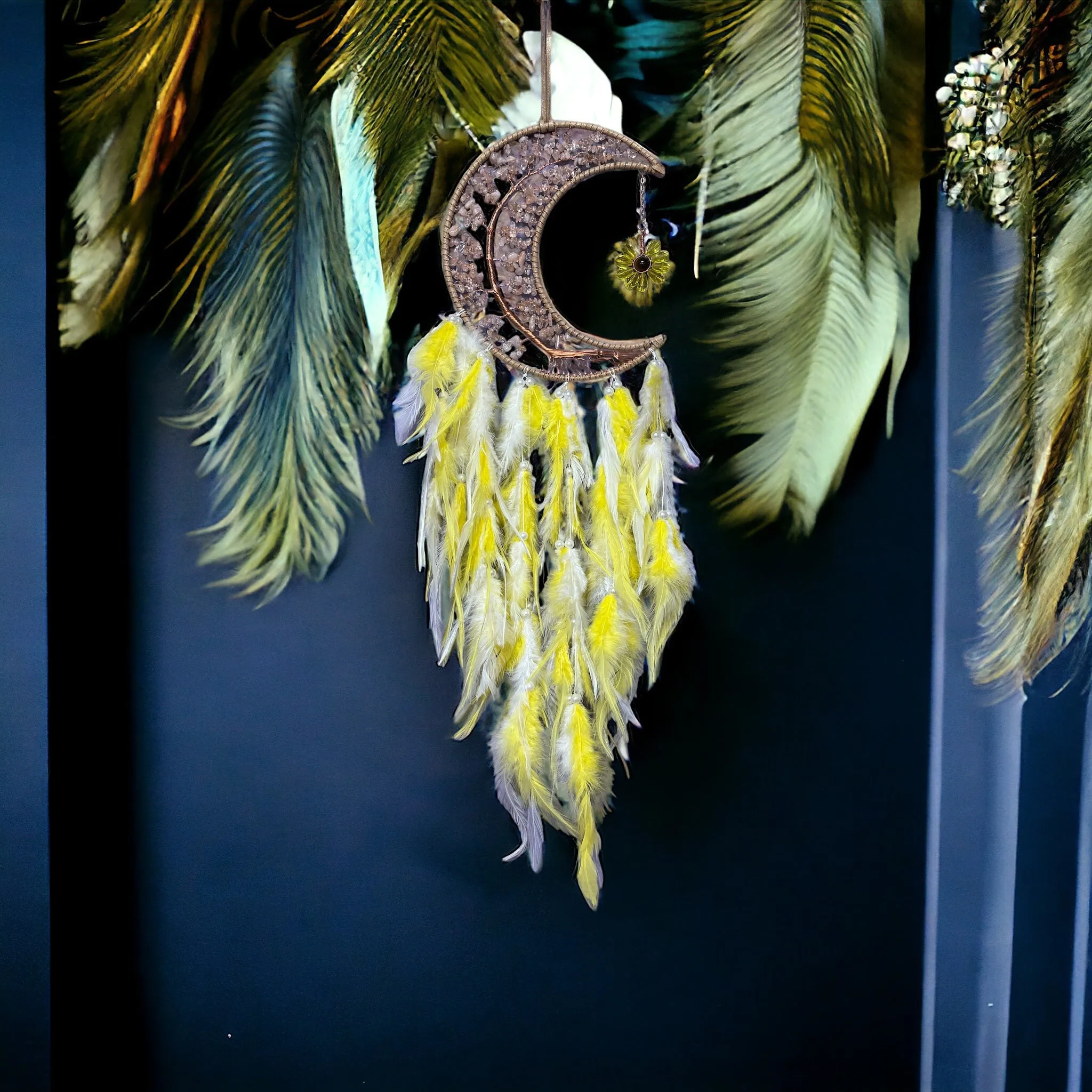 Moon Dreamcatcher - yellow feathers with Citrine Chips