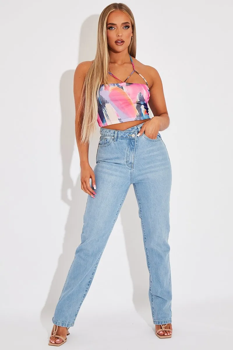 Multi Abstract Print Mesh Halterneck Crop Top - Aggie