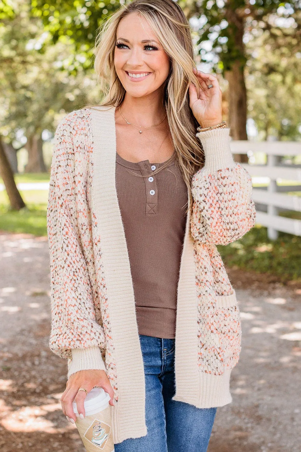 Multicolour Abstract Graphic Bishop Sleeve Open Cardigan