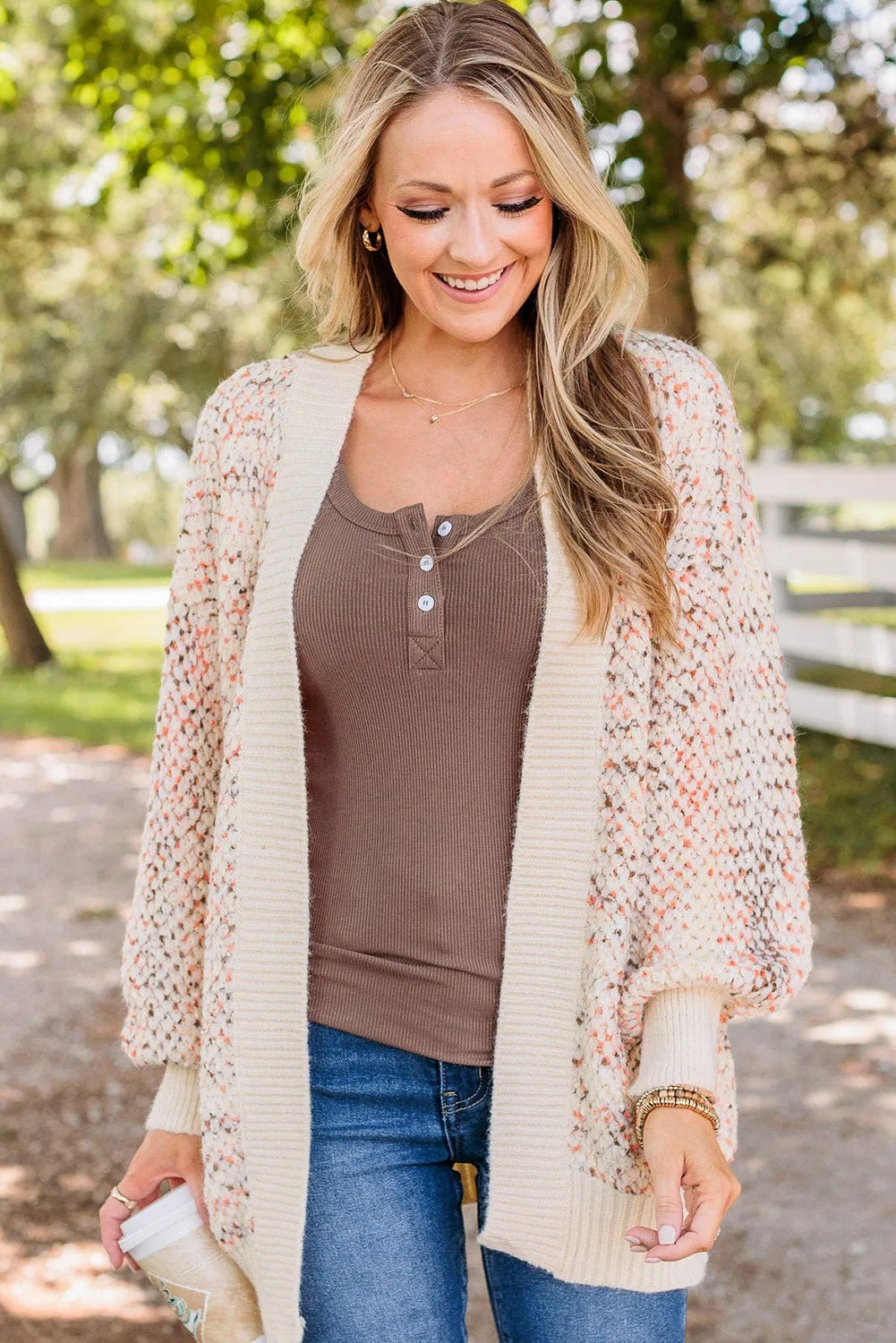 Multicolour Abstract Graphic Bishop Sleeve Open Cardigan