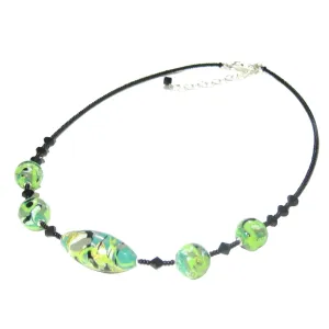 Murano Glass Green Gray Abstract Ball Silver Necklace