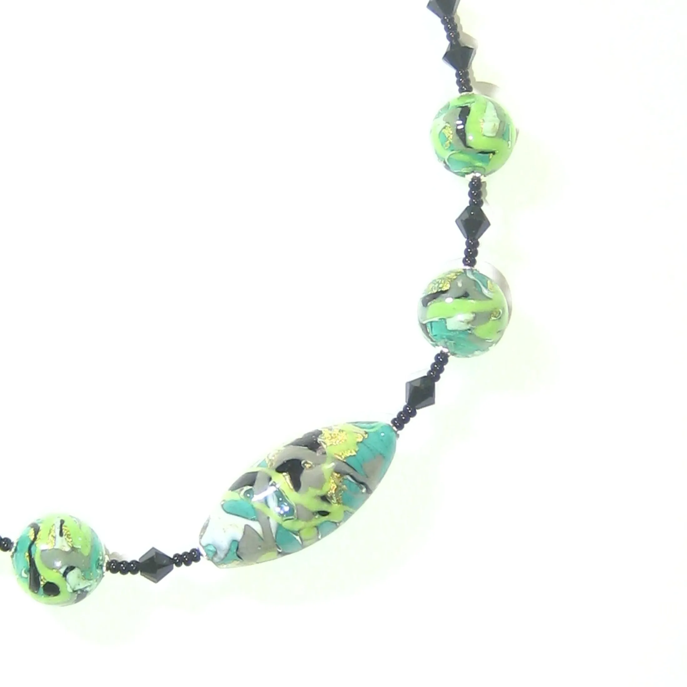 Murano Glass Green Gray Abstract Ball Silver Necklace