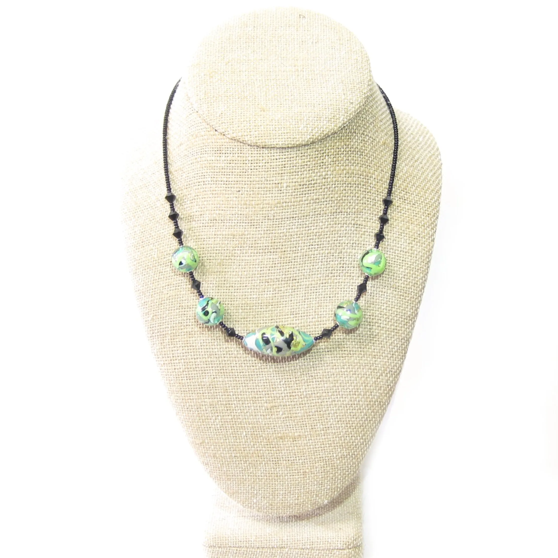 Murano Glass Green Gray Abstract Ball Silver Necklace