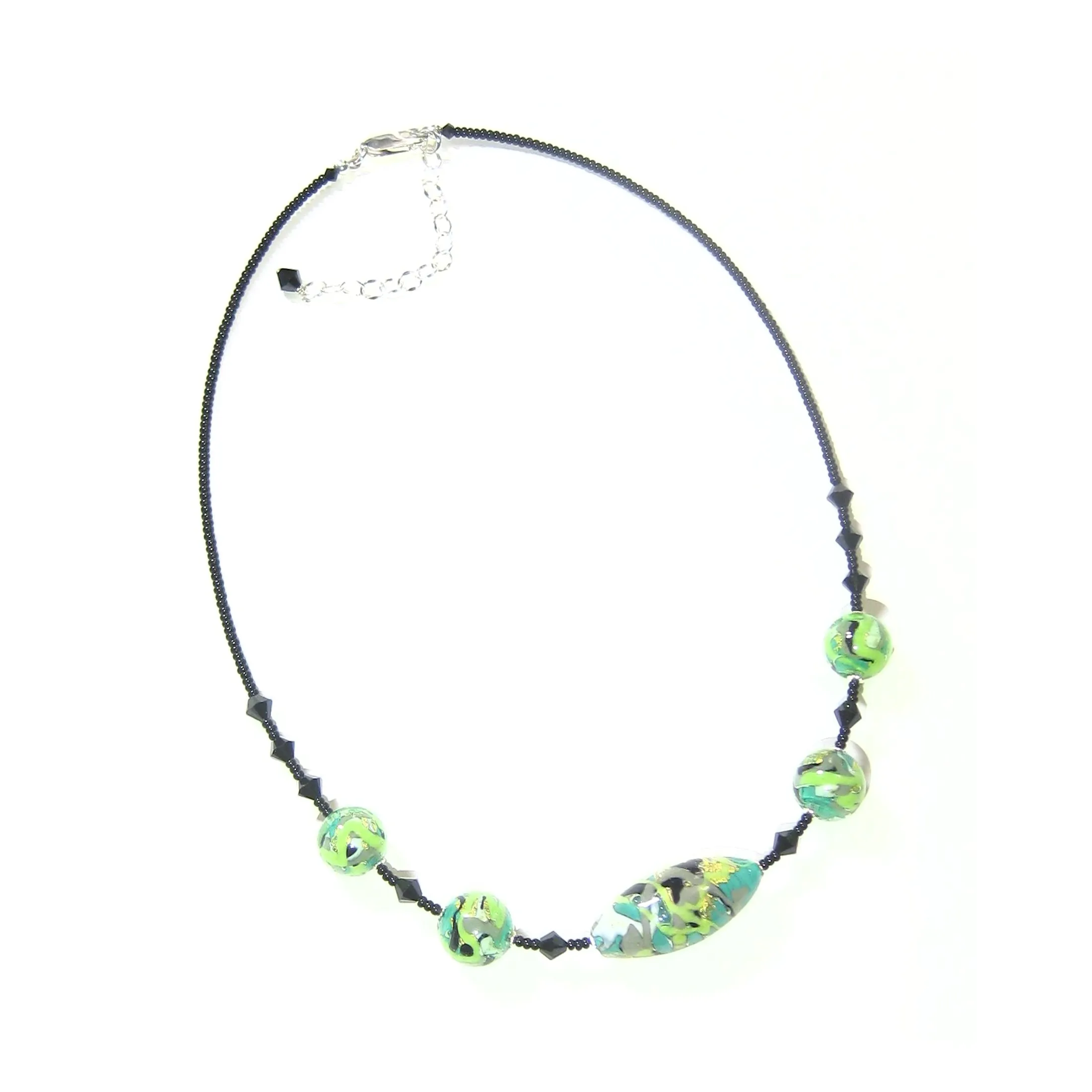 Murano Glass Green Gray Abstract Ball Silver Necklace