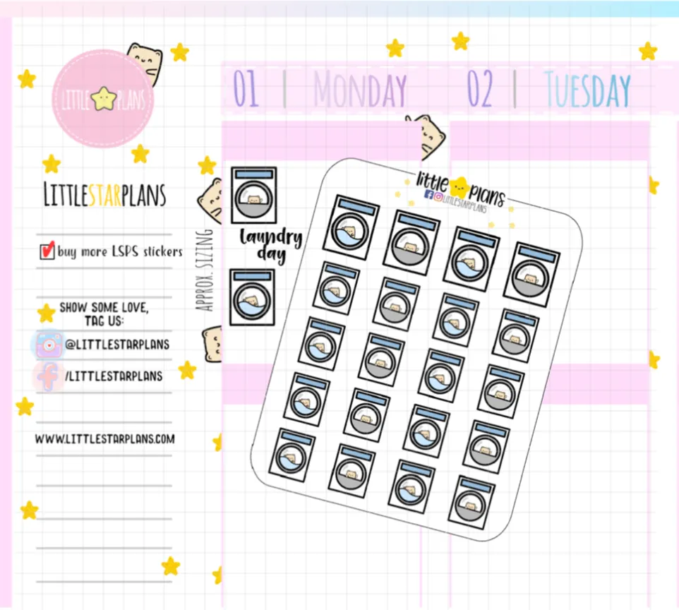 Neku Laundry Day, Wash Clothes, Dry Clothes, Washer and Dryer Planner Stickers (N35)