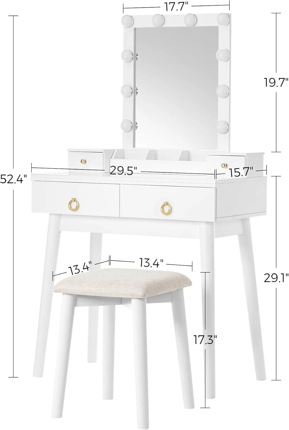 NEW IN BOX Retails $150US  VASAGLE White Makeup Vanity Set, Makeup Dressing Table Set with Mirror, 10 Light Bulbs, 3-Slot Removable Organizer, 4 Drawers, Cushioned Stool, Mid-Century Modern Style