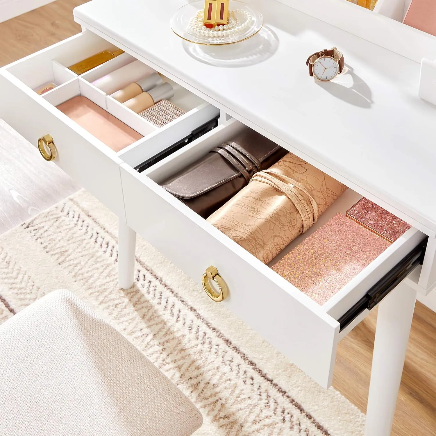 NEW IN BOX Retails $150US  VASAGLE White Makeup Vanity Set, Makeup Dressing Table Set with Mirror, 10 Light Bulbs, 3-Slot Removable Organizer, 4 Drawers, Cushioned Stool, Mid-Century Modern Style