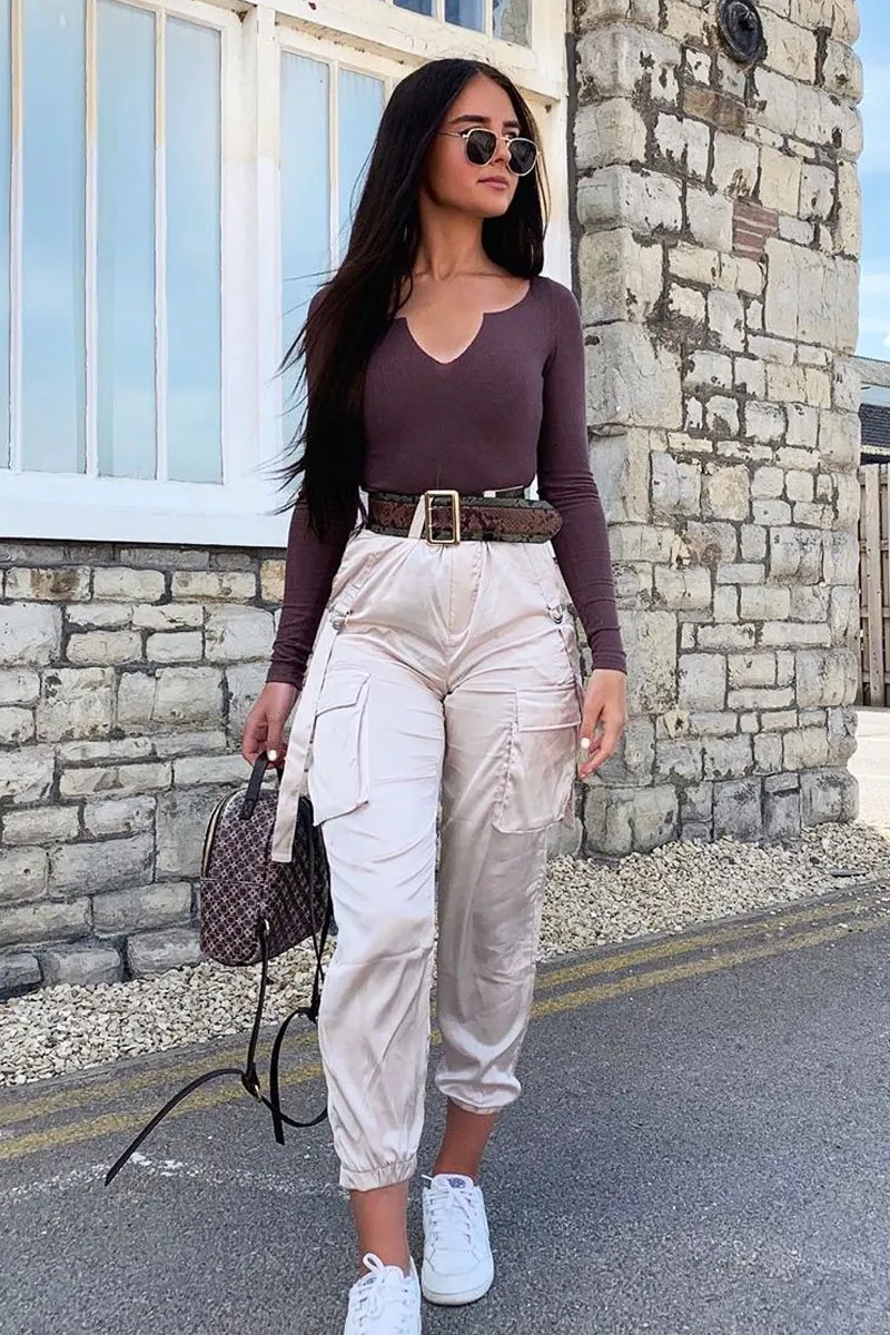 Nude Satin Utility Pocket Cuffed Hem Trousers - Delilah