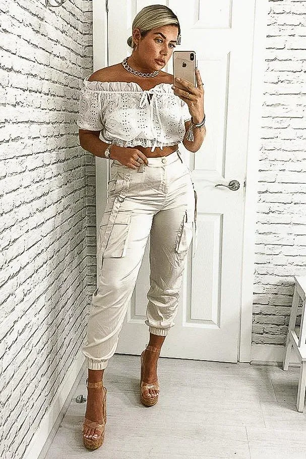 Nude Satin Utility Pocket Cuffed Hem Trousers - Delilah
