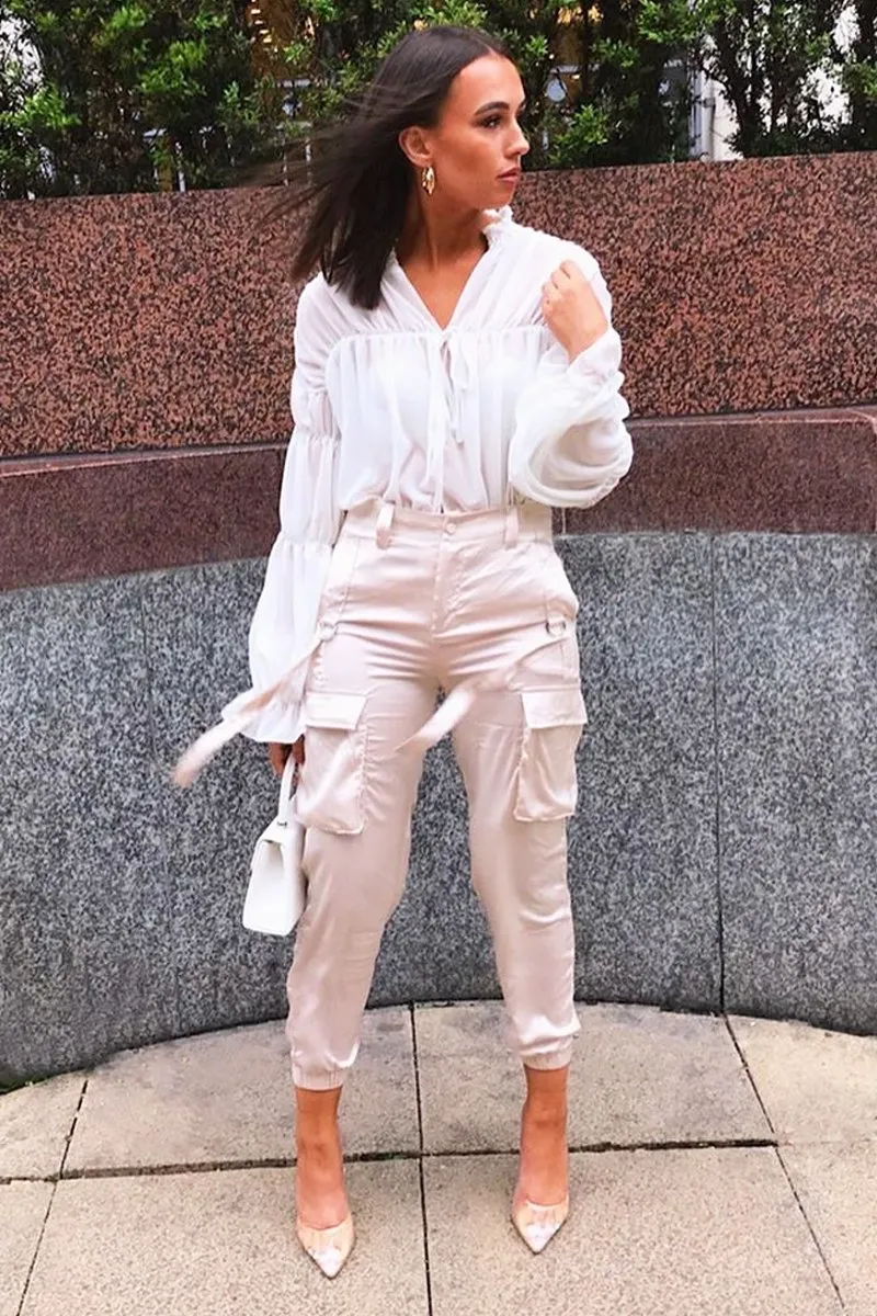 Nude Satin Utility Pocket Cuffed Hem Trousers - Delilah