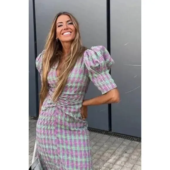 NWT  Zara Plaid Geometric Print Midi Dress Sz XS