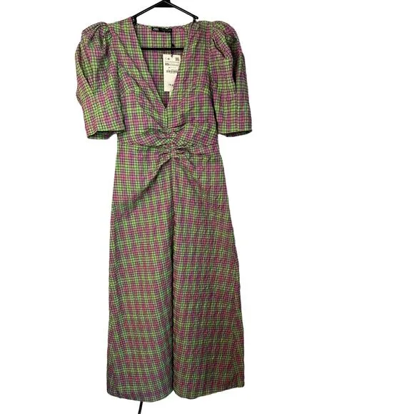 NWT  Zara Plaid Geometric Print Midi Dress Sz XS