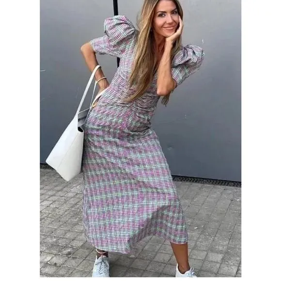 NWT  Zara Plaid Geometric Print Midi Dress Sz XS