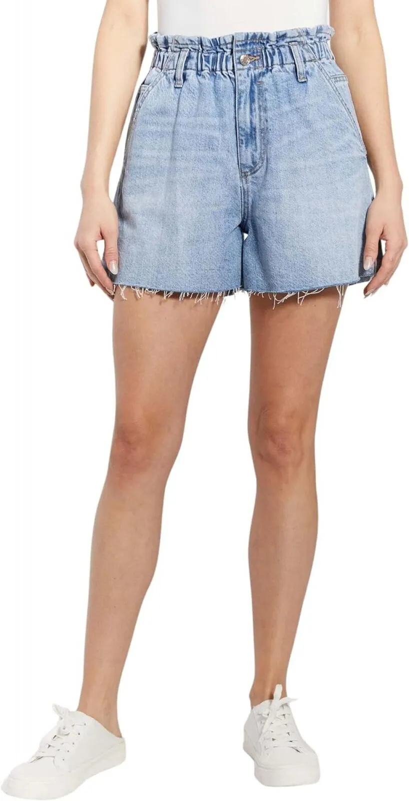 O A T New York Womens High Rise Denim Elastic Waist Short Cleo Medium Blue L