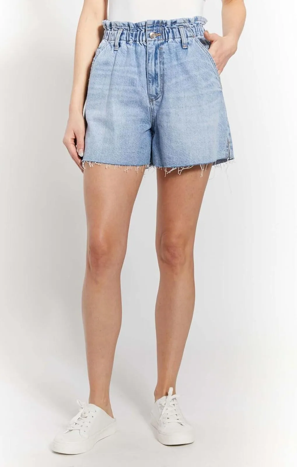 O A T New York Womens High Rise Denim Elastic Waist Short Cleo Medium Blue L