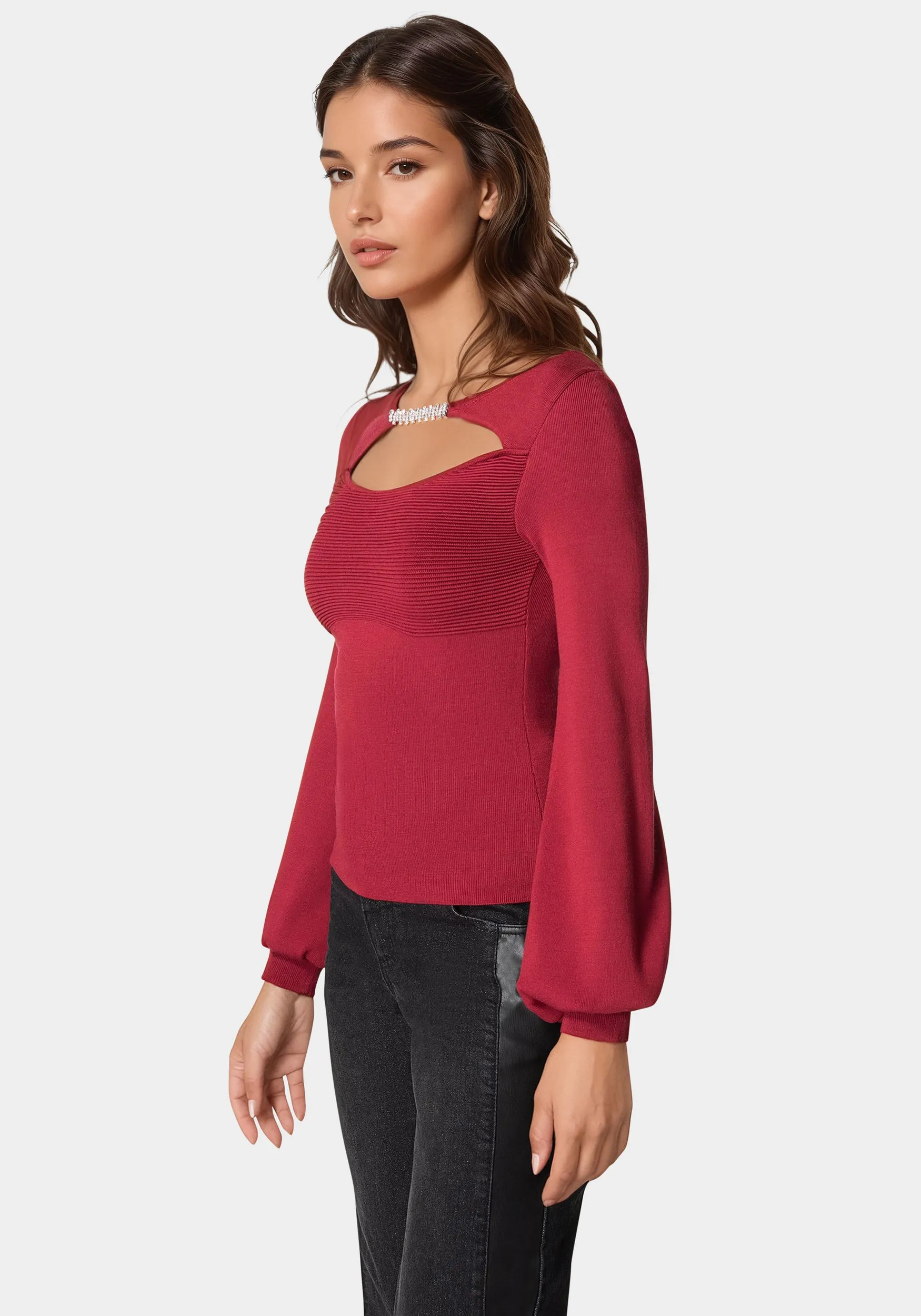 Open Neck Rhinestone Trim Sweater