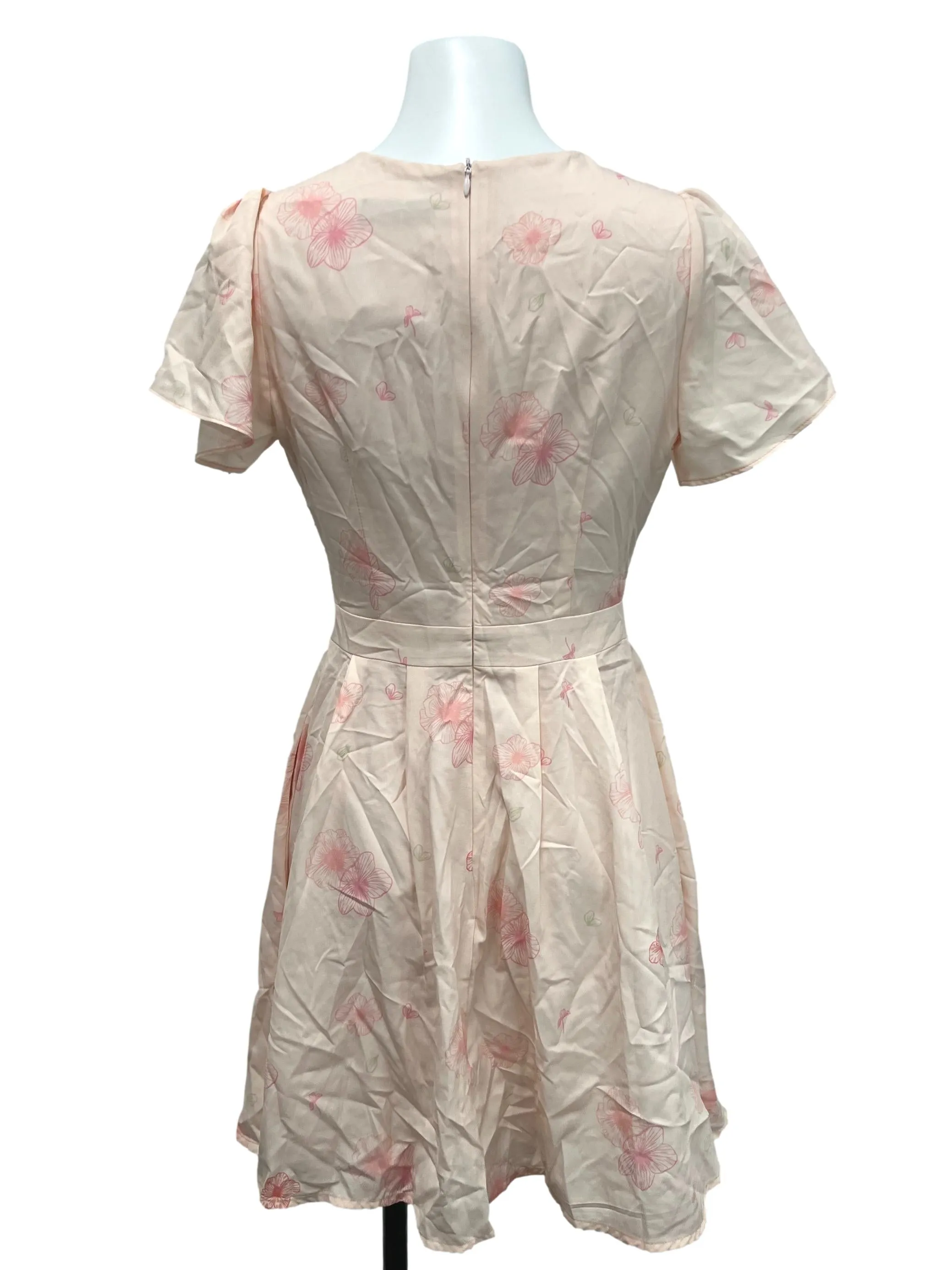 Peach Floral V Neck Flutter Sleeve Dress