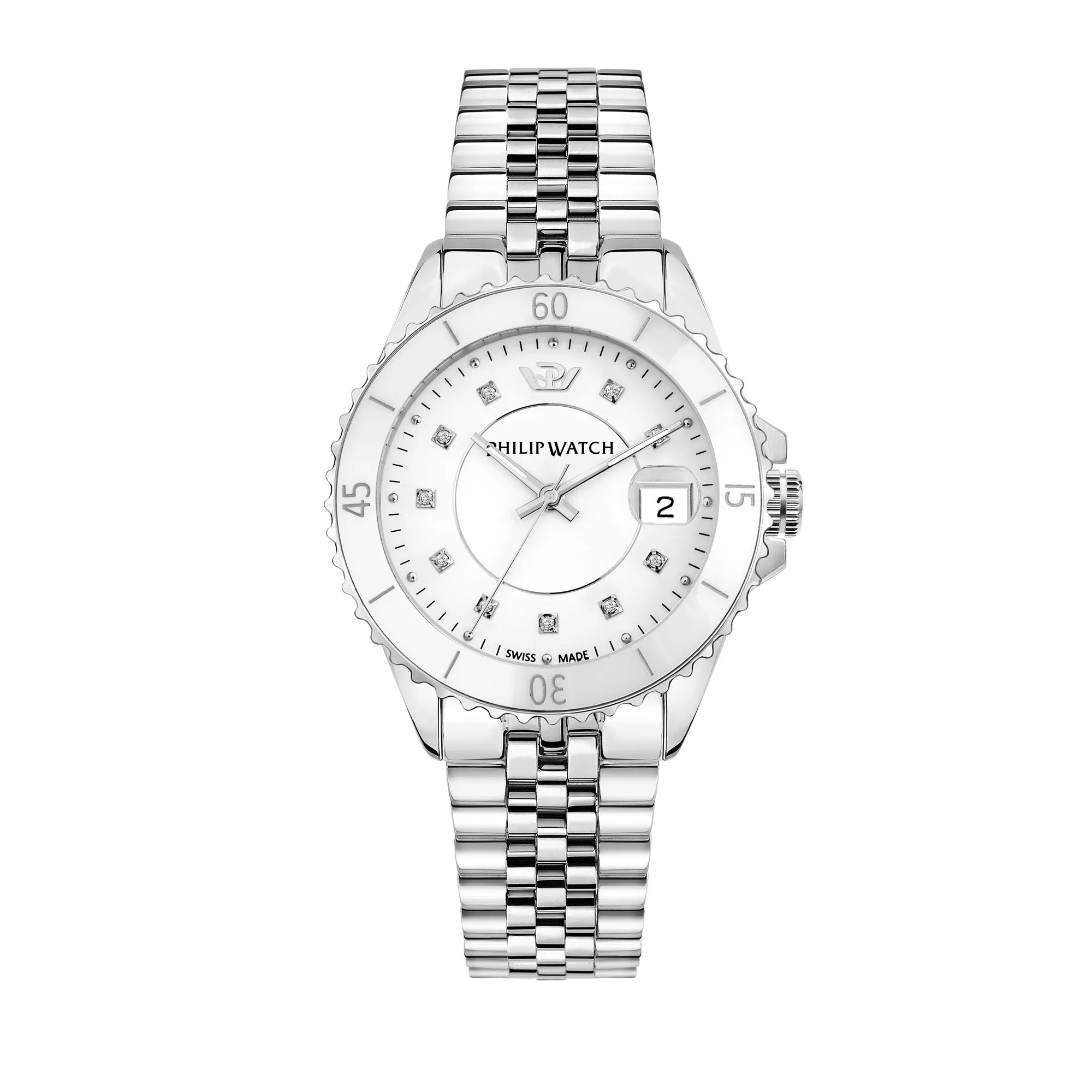 Philip Watch CARIBE 35MM 3H WHITE DIAL W/DIAM BR SS