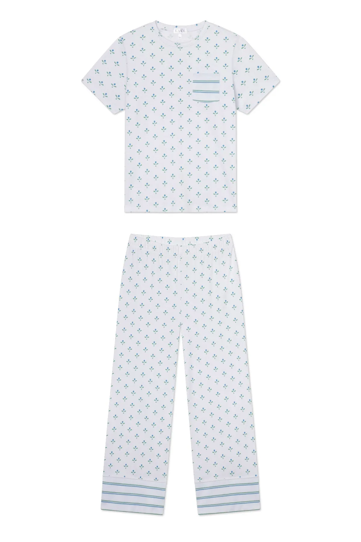 Pima Crew Wide Leg Pajama Set in Serene Blue Multi Blossom