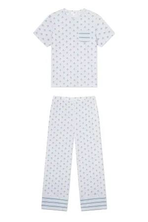 Pima Crew Wide Leg Pajama Set in Serene Blue Multi Blossom